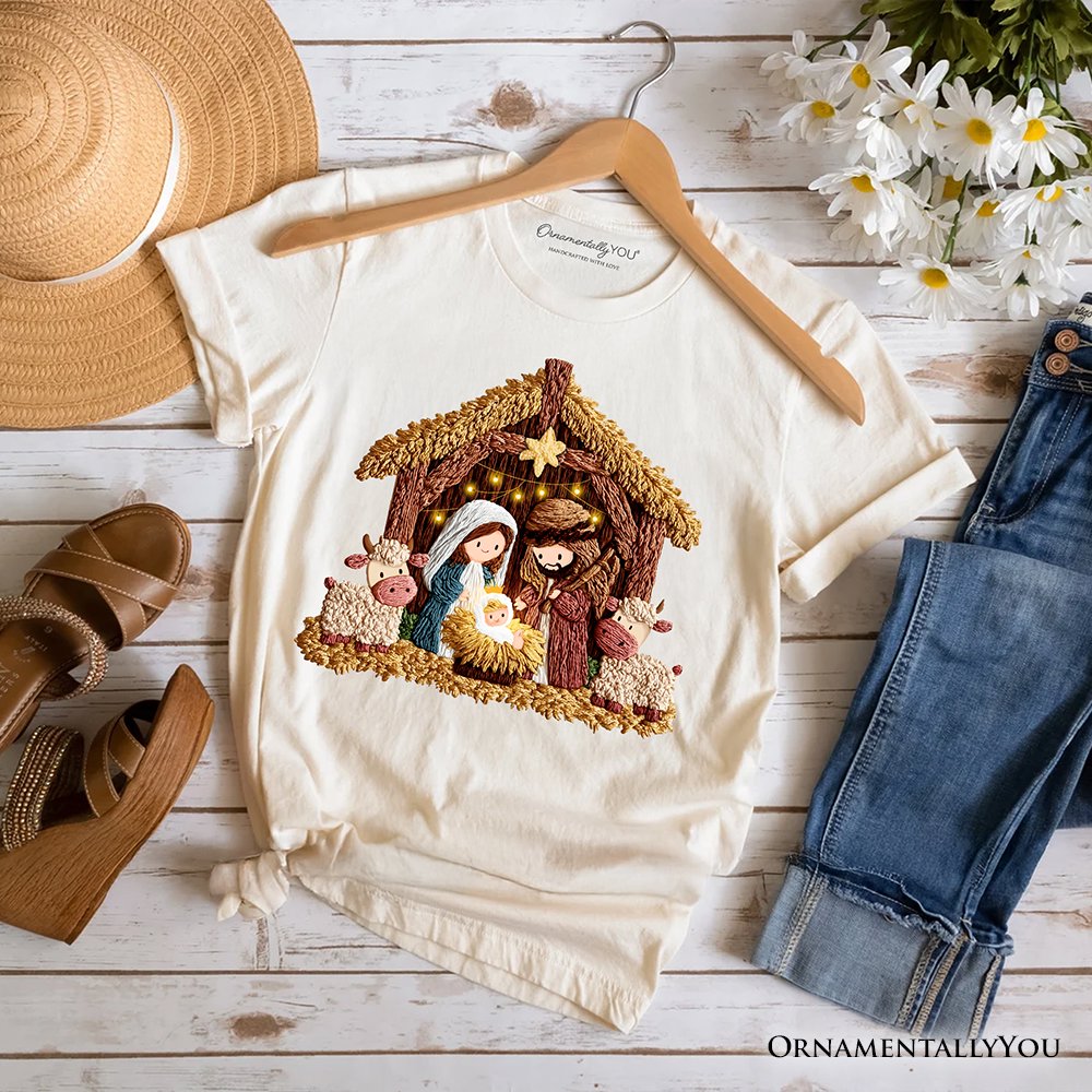 Nativity Holy Family Jesus Christmas T-Shirt, Imitation Latch Hook Yarn Cozy Christian Tee