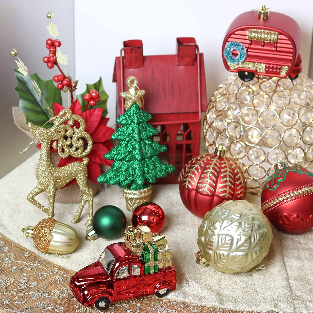 Rustic Christmas Adventure Ornament Bauble 60 Piece Set, Camping Truck, Acorns, Woods Theme
