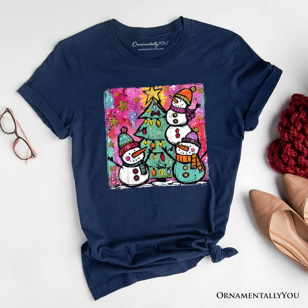 Watercolor Snowmen Christmas Tree T-Shirt, Vintage Holiday Retro Tee