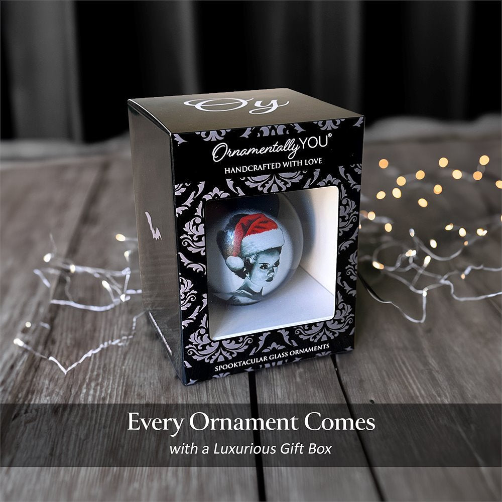 Frankenstein's Bride Christmas Spooky Portrait Glass Ornament, Black Horror Halloween Tree Decoration