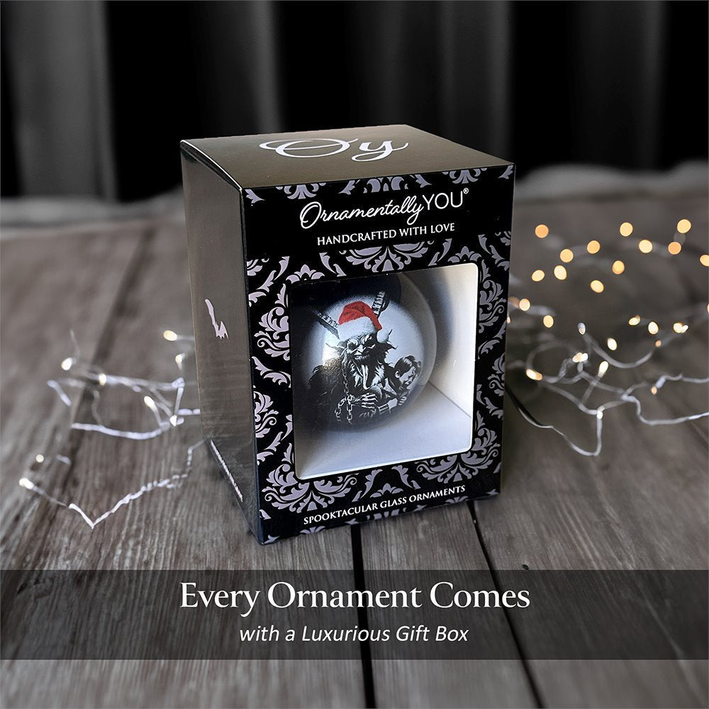 Krampus Christmas Spooky Portrait Glass Ornament, Black Horror Halloween Tree Decoration