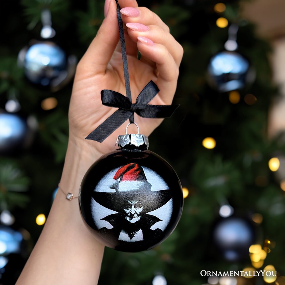 Wicked Witch Christmas Spooky Portrait Glass Ornament, Black Horror Halloween Tree Decoration
