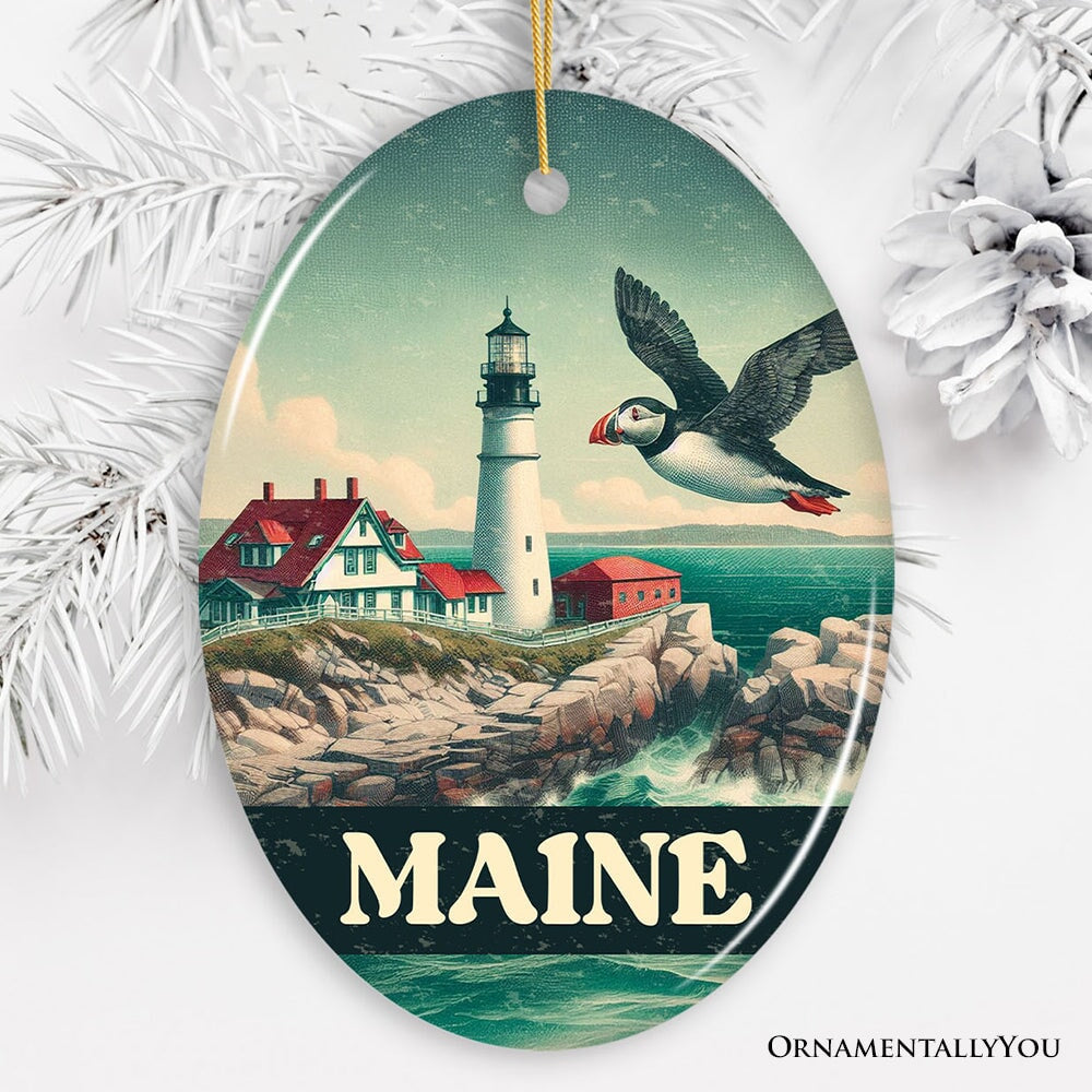 Vintage Maine Lighthouse and Puffin Ornament, New England Coastal Christmas Gift and Seaside Souvenir