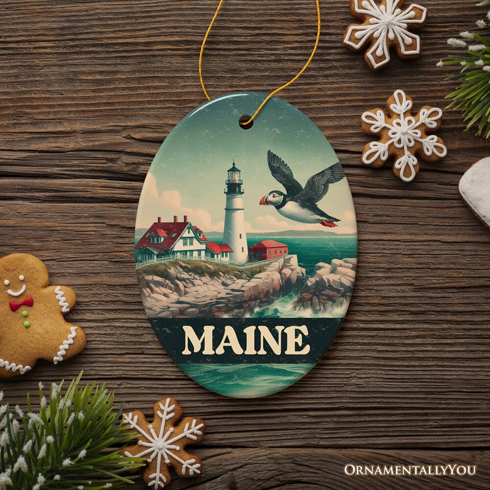 Vintage Maine Lighthouse and Puffin Ornament, New England Coastal Christmas Gift and Seaside Souvenir
