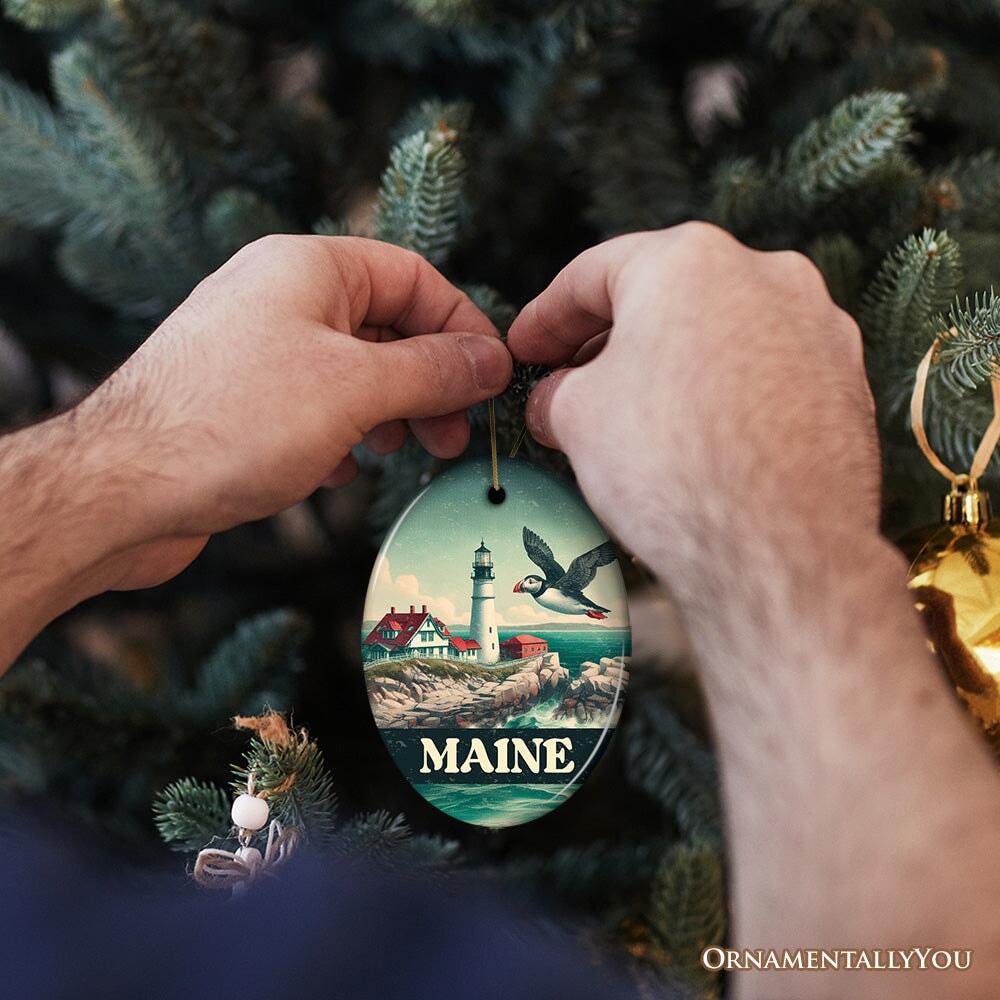 Vintage Maine Lighthouse and Puffin Ornament, New England Coastal Christmas Gift and Seaside Souvenir