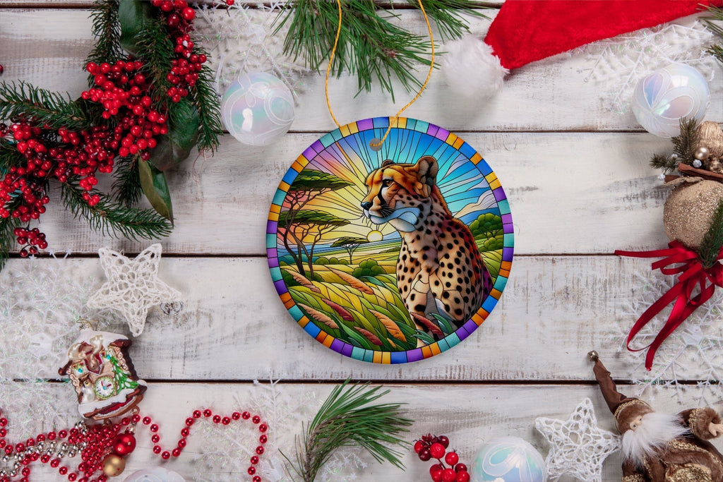 Speed Kings African Cheetah Stained Glass Style Ceramic Ornament, Safari Animals Christmas Gift and Decor