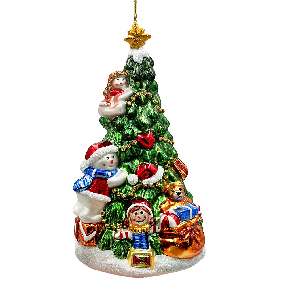 Festive Snowman and Christmas Tree Glass Ornament