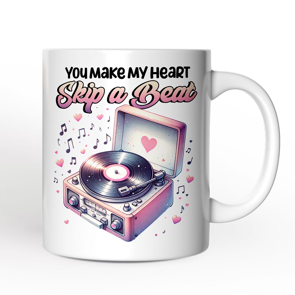 You Make My Heart Skip a Beat Personalized Mug, Vintage Turntable Vinyl Record Player Cute Gift With Custom Name