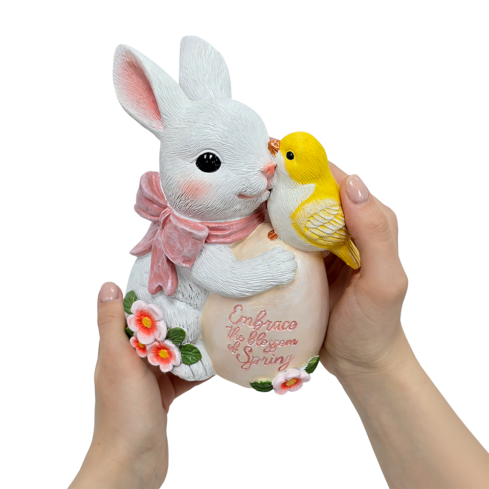 Bunny and Yellow Bird Easter Garden Statue, 7" Spring Rabbit Figurine Outdoor Decor
