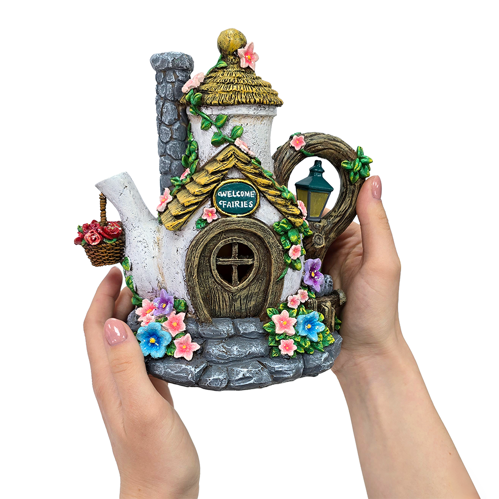 Solar Fairy Tea Pot House Garden Statue, 8 Lighted Mushroom Cottage Figurine Outdoor Decor