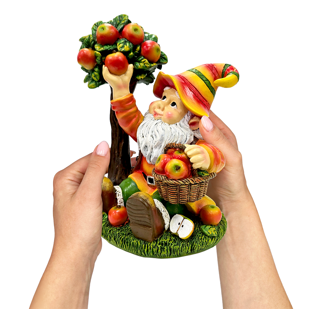 Johnny Apple Gnome Cute Garden Statue, 9" Orchid Picker Whimsical Dwarf Figurine