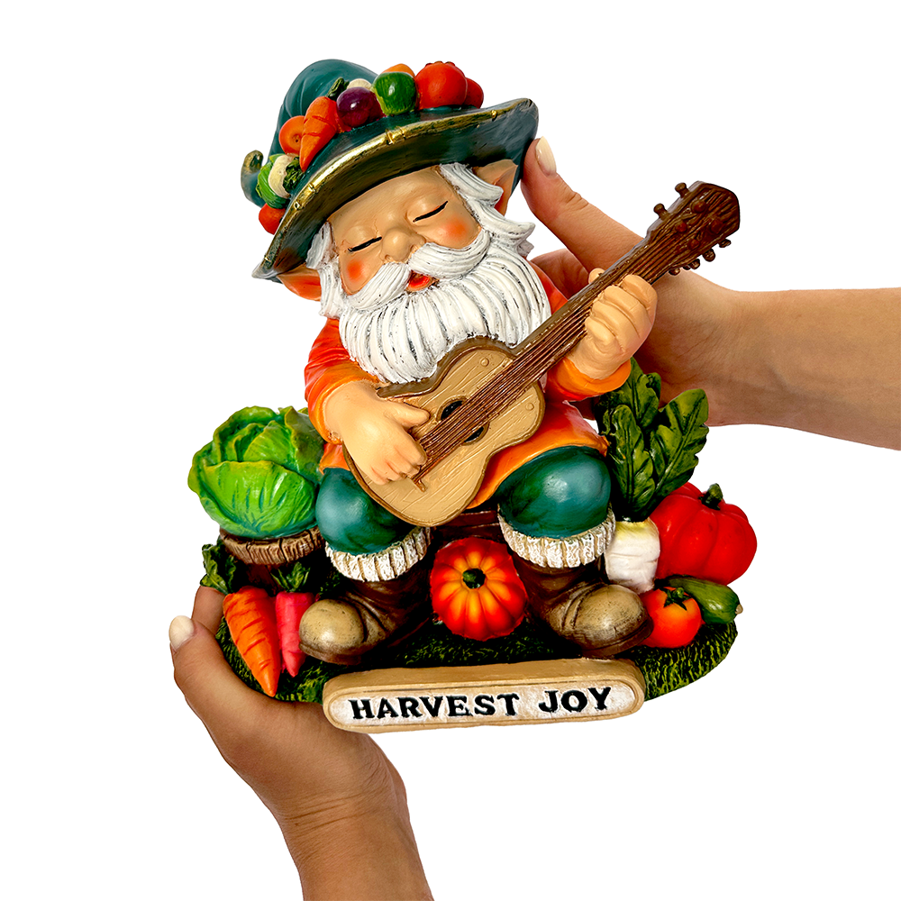 Veggie Farmer Gnome Figurine, 9" Ukulele Playing Vegetable Dwarf Garden Statue