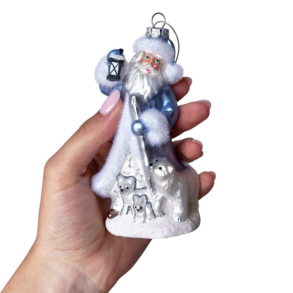 Polar Whisperer Santa Glass Christmas Ornament, Arctic Polar Bear, Wolf, and Bunny Rabbit