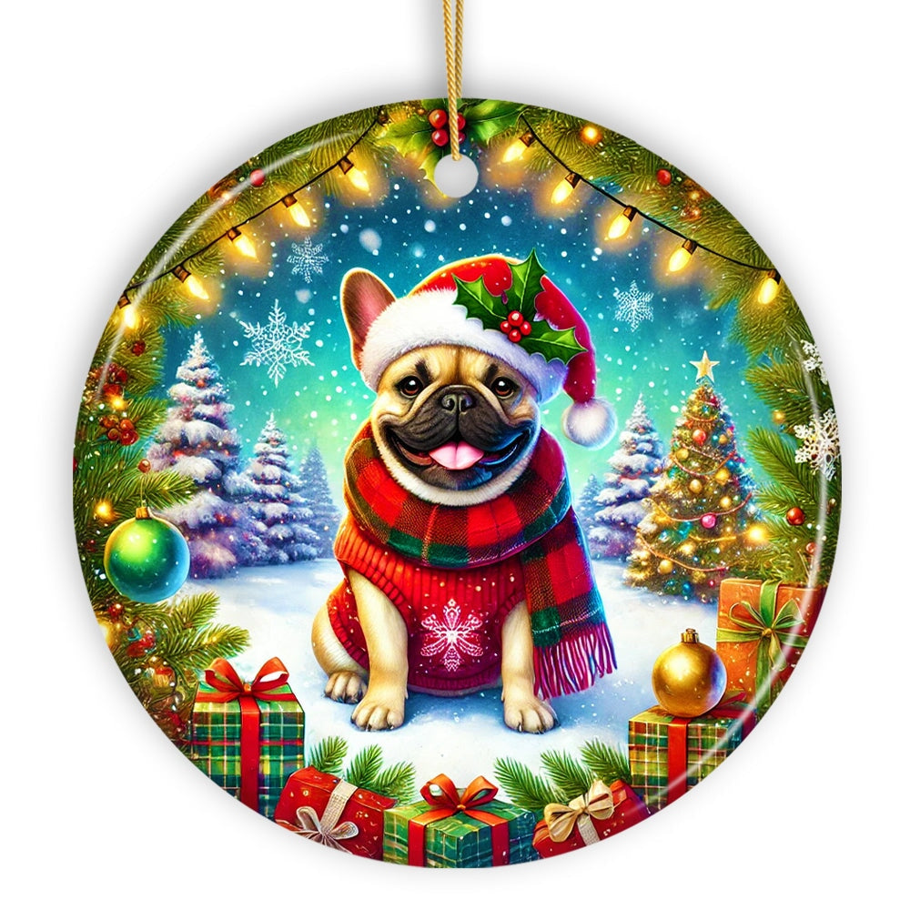 Frosty French Bulldog Ornament, Charming Pup Decoration for Magical Christmas